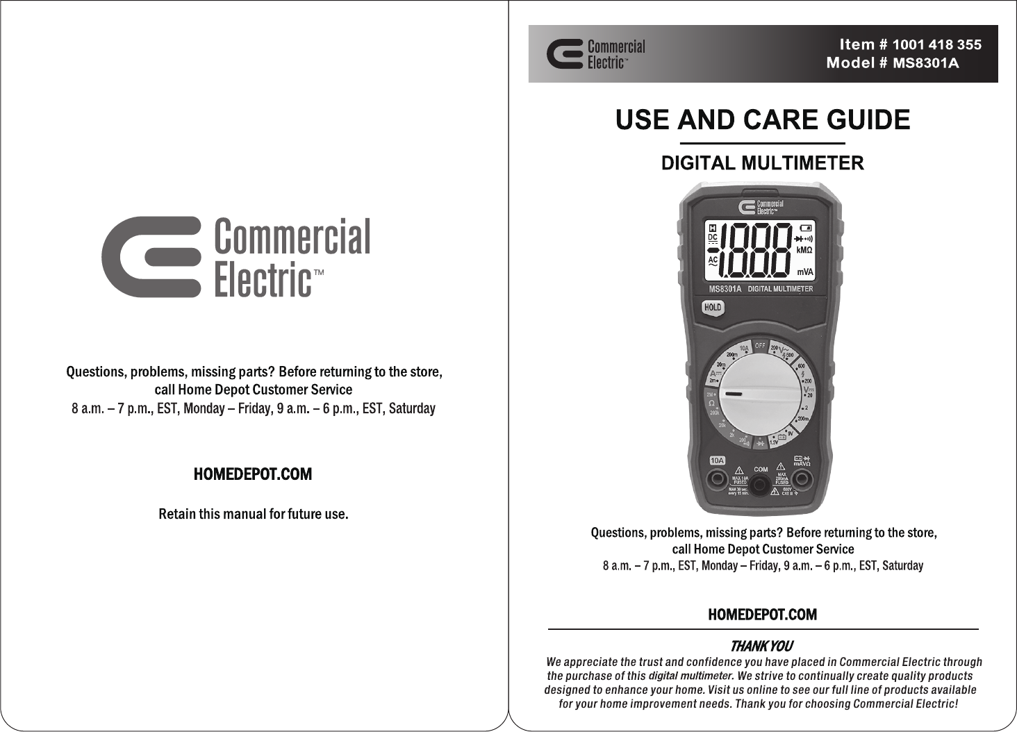 Commercial Electric Manual Ranging Multimeter : Instructions / Assembly